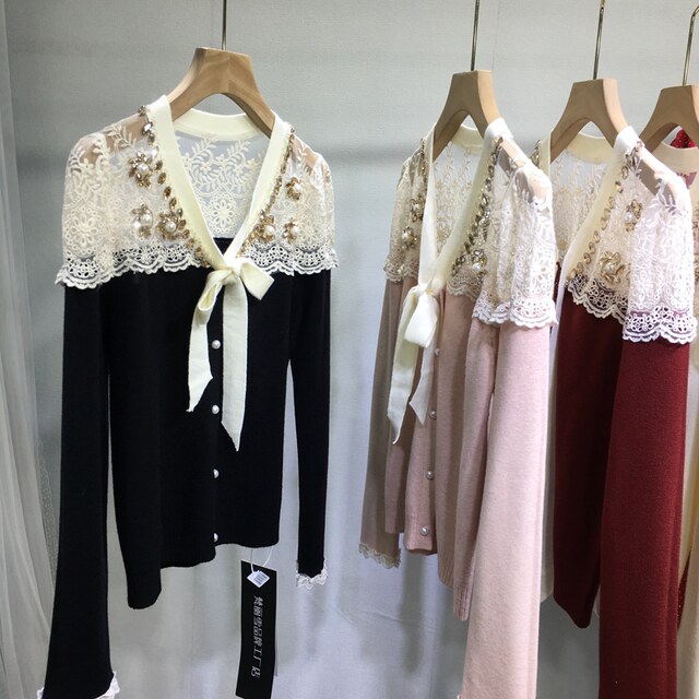 European Heavy Industry Beaded Sweater Small Flavor V-neck Strap Knit Sweater Autumn and Winter French Knit Top Long Sleeve Glitter