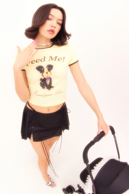 Nodress Spring and Summer Yellow Round Neck Short Sleeve Top Cartoon Yorkshire FeedMe Letter Print Tight T-shirt