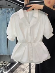 Niche Design Short-Sleeved Shirt for Women, High-End Summer 2026 New Style, Elegant Waist-Cinching Slimming Outerwear Shirt