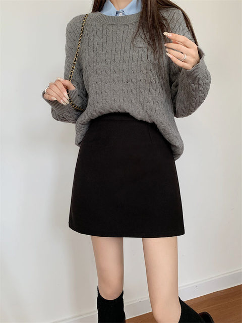 Black woolen short skirt for women in autumn new versatile Korean version high waist slim straight A-line skirt hip-covered skirt