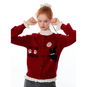 zizifei autumn and winter cute dog pattern thin soft glutinous college wind knit cardigan female
