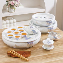 High-Temperature White Jade Ceramic Kung Fu Tea Set with Tea Tray, Gaiwan, Sharing Cup, Teapot, and Teacups, Complete Set, New Model for Office and Home Use