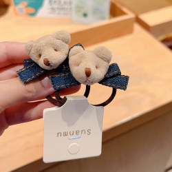 Korean Style Sweet and Cool Denim Fabric Girl's Bow Hair Tie Baby Cute 3D Bear Hair Rope Headband Small Elastic Band
