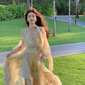 
ByYou new summer style temperament v-neck puff sleeve yellow floral chiffon dress waist slimming fairy long skirt