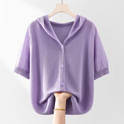 Brand Discount Women's Clothing Clearance Genuine Mulberry Silk Hooded T-Shirt Loose Ice Silk Hooded Short-Sleeved Knit Top