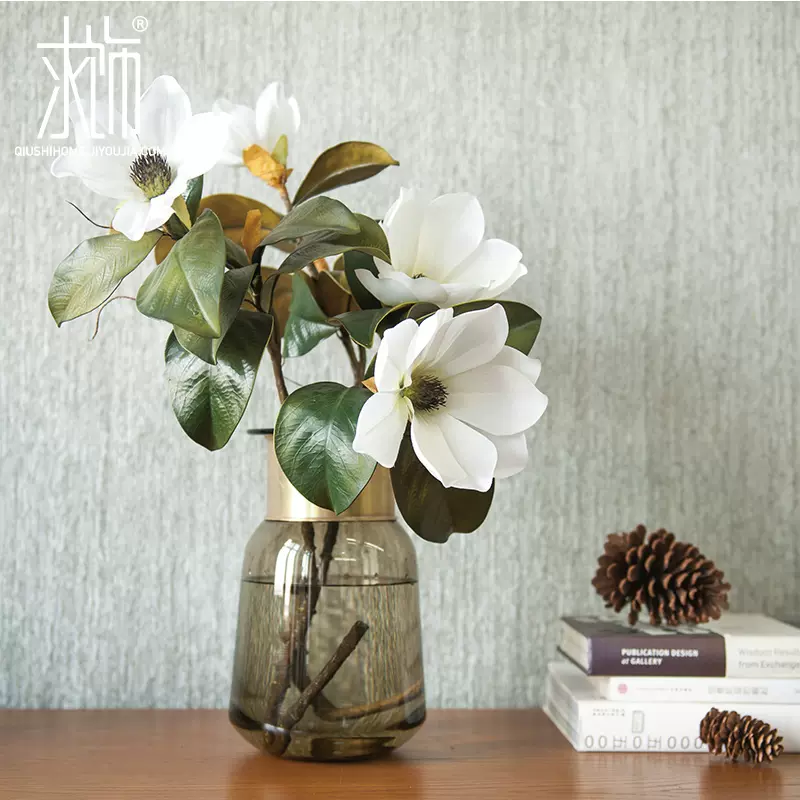 求飾金屬銅環茶色透明玻璃花瓶歐式設計樣板房客廳乾燥花