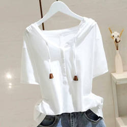 Korean Style Hooded White Short-Sleeved T-Shirt for Women 2024 Summer New Loose Sweatshirt Slimming Versatile Belly-Covering Top Trendy