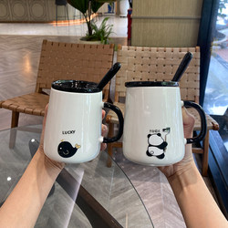Mug with Lid and Spoon, Creative Home Office Coffee Cup, Cute Couple Cup, Ceramic Birthday Gift