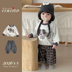 Baby Cartoon Sweatshirt and Plaid Pants Two-Piece Set, Spring New 2026 Baby Clothes, Korean Style Trendy Outfit for Going Out