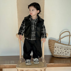 Boys' Stylish Leather Vest, Trendy Plaid Fleece Shirt for Infants and Toddlers, Autumn and Winter Clothing Set for Boys