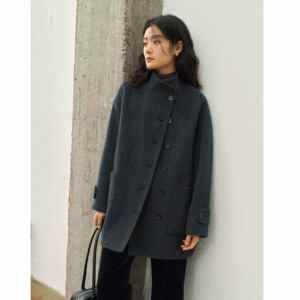 
Dark black and gray stand collar short wool camel velvet double-sided wool coat for women in autumn and winter small wool coat