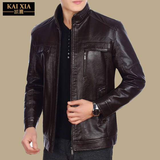 Middle -aged men's locomotive leather coat men's PU leather jacket in winter thick middle -aged and elderly father 40 spring jacket 50 years old
