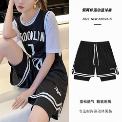 Embroidered Faux Two-Piece American-Style Basketball Shorts for Women, Training Shorts with Lining, Casual Three-Quarter Pants, Running Sports Shorts for Men
