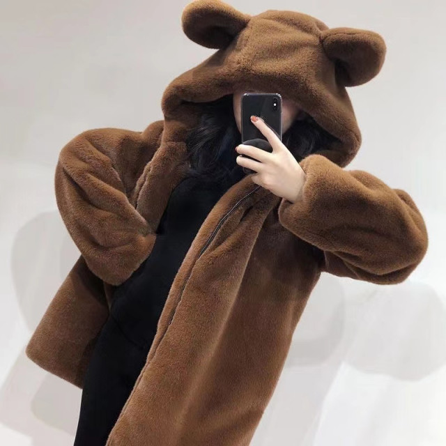 2025 autumn and winter new cute bear ear plush warm jacket for women plus velvet loose hooded jacket for women