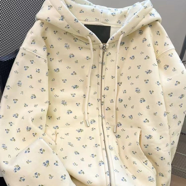 Korean chic floral sweet sweatshirt coat for women's autumn new loose lazy style casual hooded cardigan top
