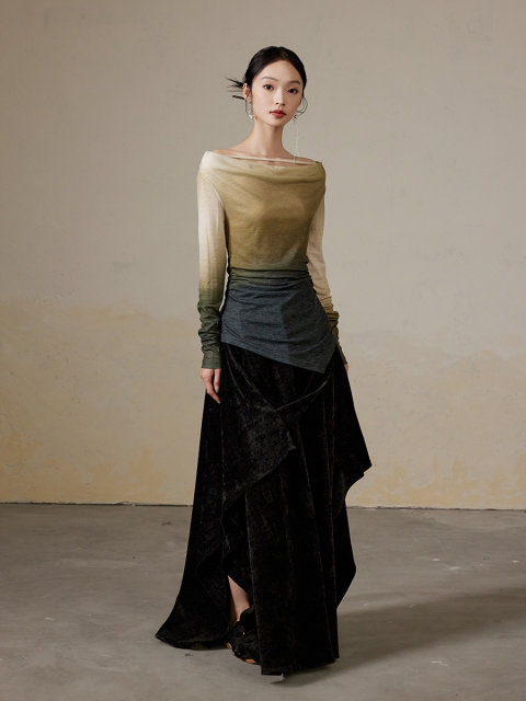 ONMOON Autumn and winter irregular velvet a-line skirt 2024 new versatile draped warm long skirt for women