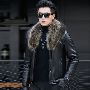 
Men's sheepskin genuine leather fur all-in-one business short leather jacket detachable large fur collar trendy winter men's leather jacket