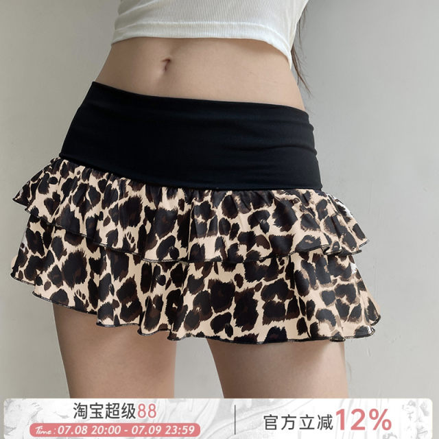 Rockmore brown leopard stitching cake skirt fashionable sexy low waist mini super short skirt