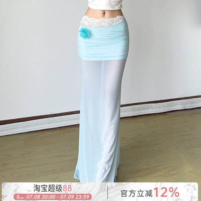 ROCKMORE three-dimensional flower vacation blue mesh skirt lace spliced ​​hip-packing skirt