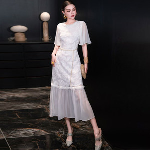 
European women's clothing 2026 new French heavy industry mesh splicing chiffon mid-length skirt white goddess style dress