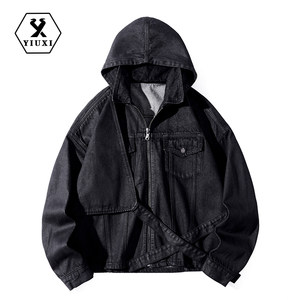 
Yuxi original design black light car hooded denim jacket men's fashion brand loose straight jacket B3630