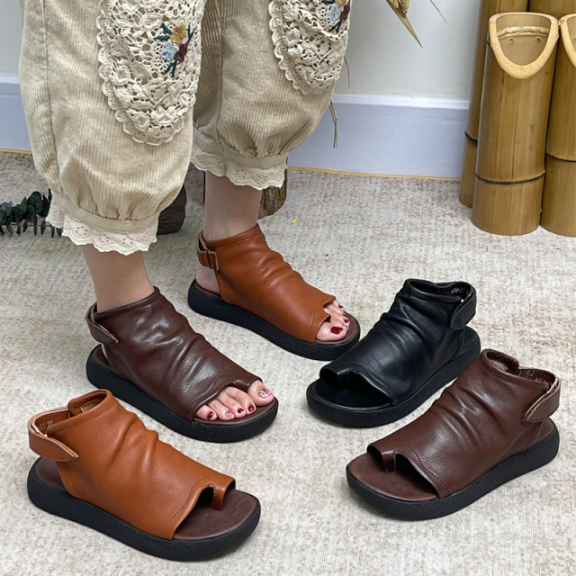 Retro thick -bottomed female sandals new summer leather women's shoes handmade low -heeled soft bottom high -top high -top Roman boots tide