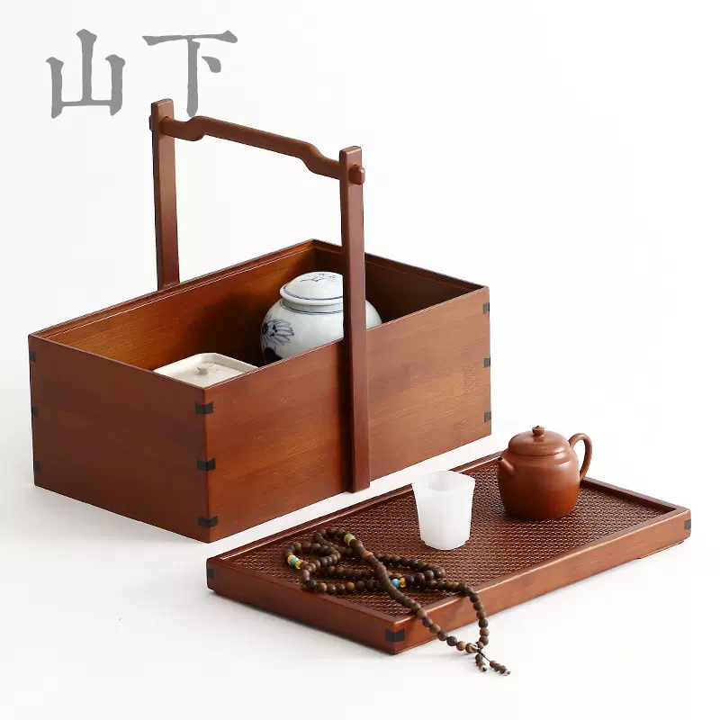 竹制提箱藤面便携旅行茶具收纳茶箱复古户外带盖川见提篮提盒食盒-Taobao