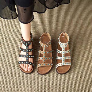 
Genuine leather high-top fashion Roman sandals 2026 summer new thick-soled flat heels with hollow rivets for outer wear flat-soled women's shoes