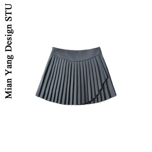 Cotton retro irregular length and short high waist pleated skirt, personalized girlish anti-exposure side zipper long-legged A-line skirt