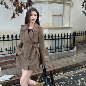
Light cloth Autumn outfit British style lapel double-breasted high-end waist-hugging lace-up brown windbreaker temperament short jacket