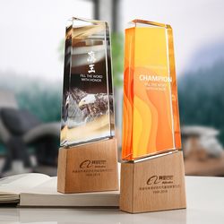 Creative Colorful Crystal Trophy with Wooden Interior Engraving, Authorized Plaque for Events, Competitions, Corporate Employee Awards, and Commemorative Purposes
