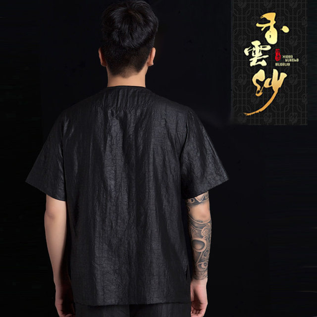 Men's Asian Style Linen T-Shirt - Round Buckle Short Sleeve, Loose Fit, Kimono Inspired, Gray Blue, Size L - View #4