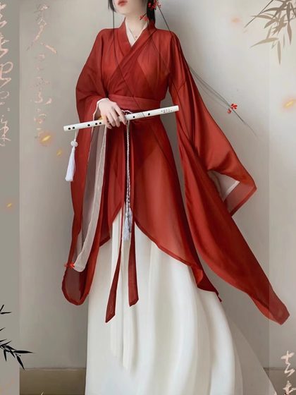 Rent red martial arts women's style Hanfu ancient costume Wei Jin style waist length eight torn skirt ancient style dance performance costume rental loan