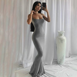 European and American ins Fashion Solid Color High-End Spaghetti Strap Dress Kardashian Style Slim Fit Bodycon Floor-Length Dress Summer