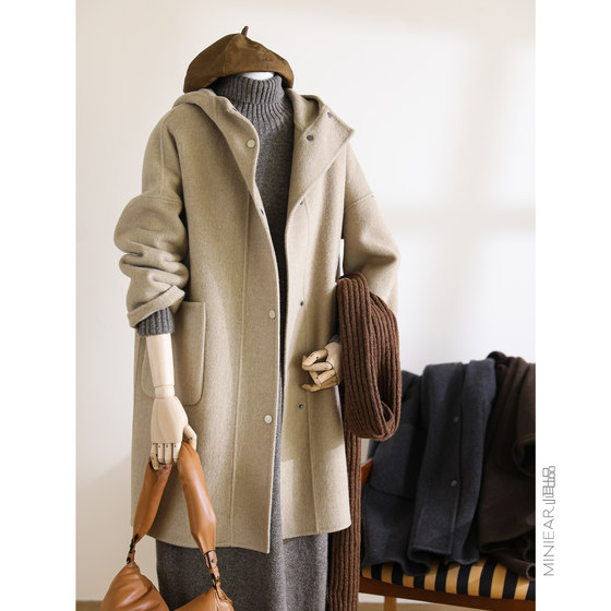 Little Ear Product [Subsidy] Mountain wool, cashmere blended hooded coat medium long double -sided woolen coat female
