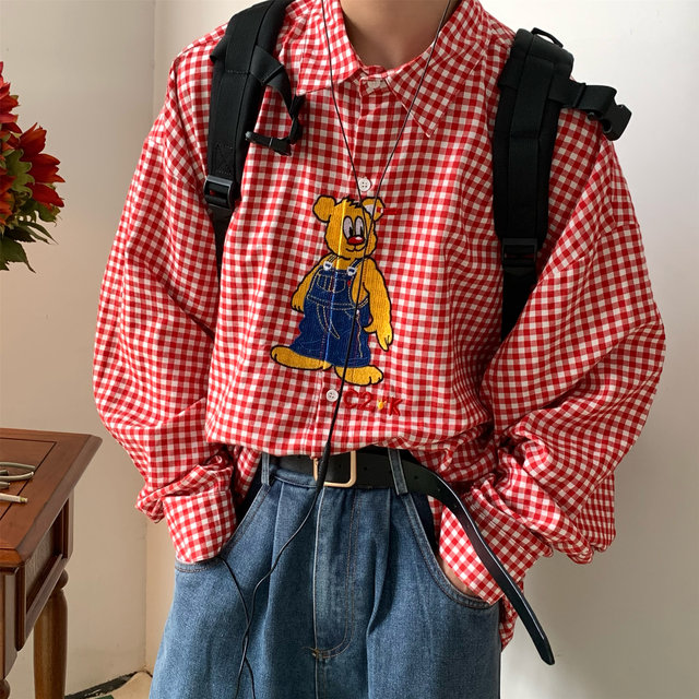 C2 homemade/vintage style cartoon embroidered plaid shirt retro Hong Kong style loose shirt fun salt top ins