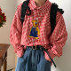 C2 homemade/vintage style cartoon embroidered plaid shirt retro Hong Kong style loose shirt fun salt top ins