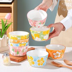 Ceramic Rice Bowl for Home Use, Trendy Floral Design, High Aesthetic Value, Thickened, Anti-Scalding, Salad Bowl, Dessert Bowl