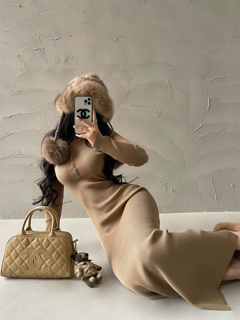 YOUNGGIRLDAY pure desire sexy body, thin round neck long -sleeved bottom knitted hip skirt