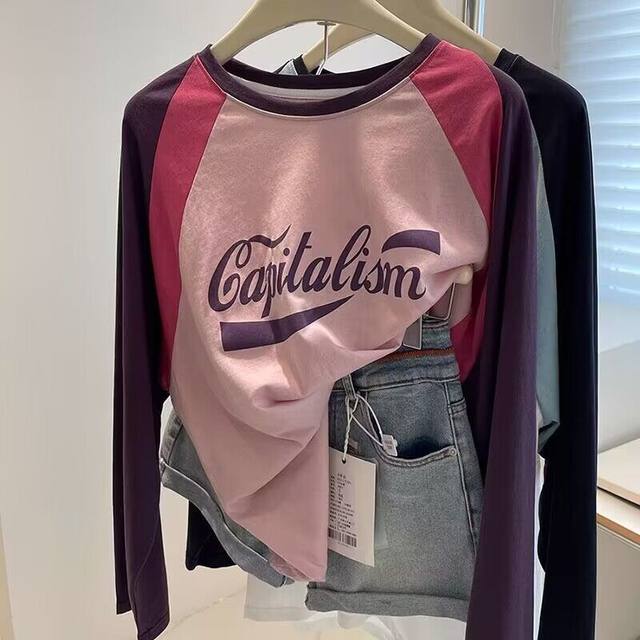 Pure cotton American retro letter printing polished pink shoulder long -sleeved T -shirt female autumn 2024 new and beautiful small shirt
