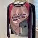 Pure cotton American retro letter printing polished pink shoulder long -sleeved T -shirt female autumn 2024 new and beautiful small shirt
