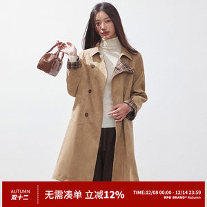 
RPB BRAND British style cuffs contrasting plaid design mid-length windbreaker coat high-end loose coat