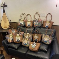 Large Capacity Fabric Rattan-Like Woven Basket Bag, Picnic Bag, Handbag, Shoulder Bag, Office Miscellaneous Items Small Tote Bag for Women