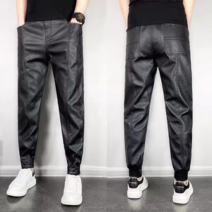 Autumn and winter warm takeout riding mobile phone bike windproof PU leather pants men's pure black small leg pants thick casual long pants