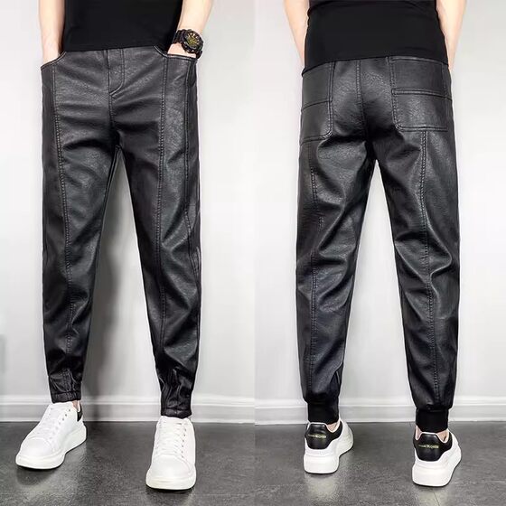 Autumn and winter warm takeout riding mobile phone bike windproof PU leather pants men's pure black small leg pants thick casual long pants