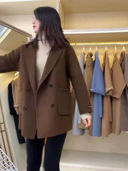 
Coffee-colored suit collar double-sided wool coat for women short 2025 new autumn and winter Korean loose wool coat