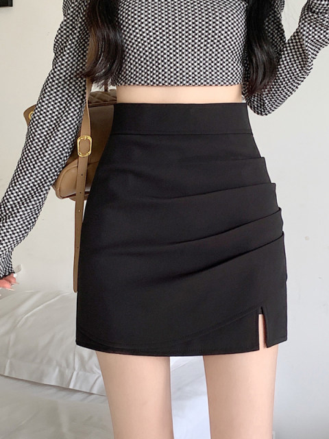 Black hip skirt for women in summer new high-waisted professional skirt sexy tight pleated one-step skirt slim short skirt