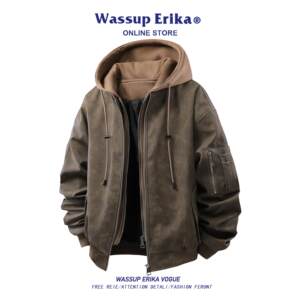 
WASSUP ERIKA retro American high street workwear leather jacket men's autumn new fake two-piece leather jacket women