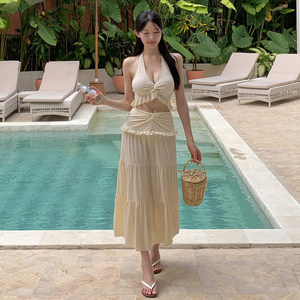 Swimsuit women's new sexy apricot bikini small breast slimming split skirt three-piece set halterneck hot spring vacation