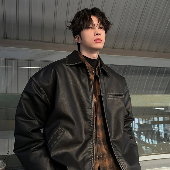 
Junmanner Lapel Korean Style Trendy Retro Side Seamless Sleeve Bag Jacket Spring and Autumn Men's Leather Clothes Working Jacket